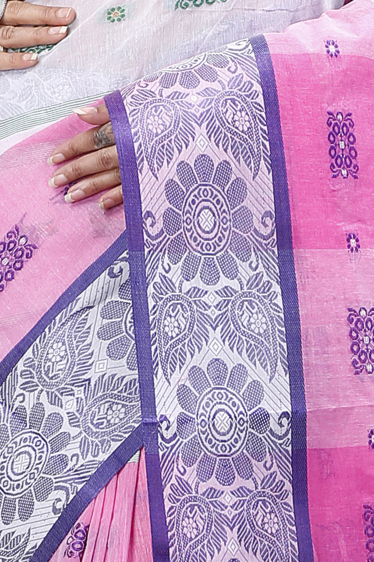 Pink White Pure Cotton RajSahi Tant Saree (954)